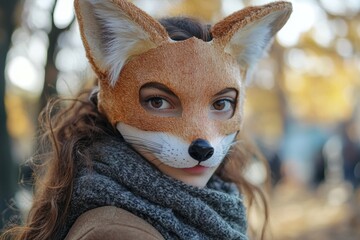 Young woman wearing fur wearing animal mask