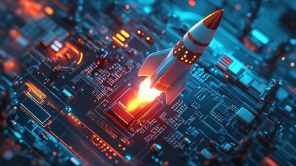 Poster - High-tech scene featuring a digital rocket launching from a sophisticated al chip, the rocket's body adorned with glowing circuit patterns and trailing bright, dynamic light effect, the chip itself