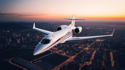 Canvas Print - Private jet flying over a cityscape during sunset with illuminated buildings and streets below, showcasing luxury travel and aviation.