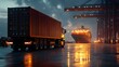 © pjjaruwan - Detailed scene of a container truck waiting at the port gate, with a backdrop of a large cargo ship and port infrastructure, emphasizing the logistics network