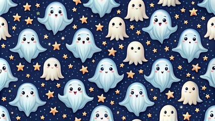 A whimsical, colorful and cheerful repeating pattern of ghostly figures with various expressions and poses, amidst a backdrop of celestial stars, creating a delightful and playful visual narrative.