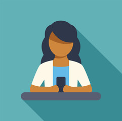 Poster - young woman is sitting at a desk using a mobile phone