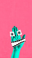 Teal hand with cartoonish eyes and wide, toothy mouth on pink background. Playful and amusing facial expression. Contemporary art collage. Concept of creativity, imagination and fantasy.