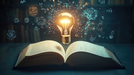 Open book with glowing light bulb, magical geometric shapes, dark background