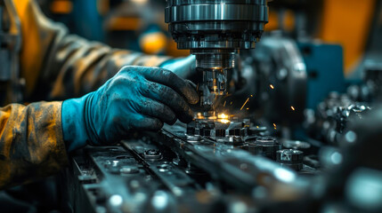 Poster - skilled technician performing precision maintenance on industrial machinery with sparks in workshop 