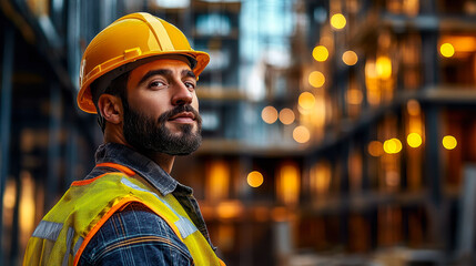 Confident Male Construction Worker in Yellow Hard Hat and Reflective Vest at a Busy Urban Construction Site During Evening