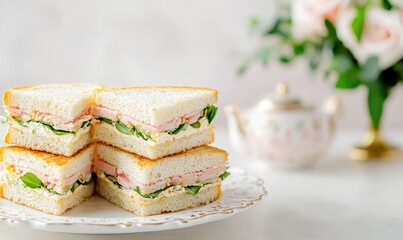 Sandwich stack, vintage teapot, floral background, elegant table setting, high tea vibe, soft pastel colors