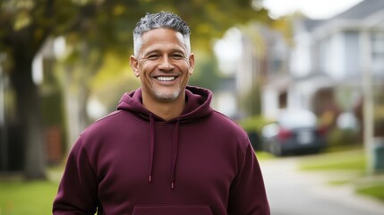 Wall Mural - Smiling Mature Man in Purple Hoodie Enjoying Suburban Walk