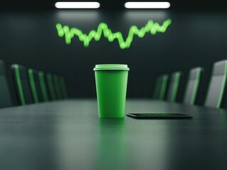 Canvas Print - Green Coffee Cup On Conference Table.