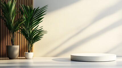 Wall Mural - Minimalist interior scene with two potted plants beside a modern circular pedestal and a wooden slat wall in a sunlit room.