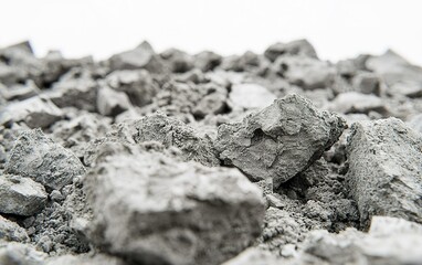 Close-up view of textured gray rocks and gravel at a construction site during daylight on a clear day