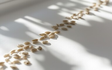Poster - Delicate arrangement of oat seeds on a sunlit surface showcasing nature's artistry in a serene indoor setting