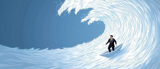 Wall Mural - Businessman in a Paper Boat Riding a Giant Wave.