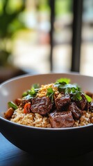 Sticker - Delicious beef dish with rice, vibrant herbs, savory meal