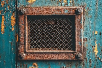 Rusty Metal Panel with Wire Mesh and Bolts