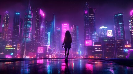 Poster - Futuristic cityscape with neon-lit skyscrapers reflecting in calm waters at night