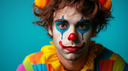 A portrait of a young man dressed as a clown with bright makeup on his face. He wears a classic red nose, blue and red accents on his face, and a cheerful costume with ruffles