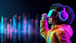© Pui - A joyful child experiences virtual reality with headphones and VR glasses, immersed in a vibrant digital world.