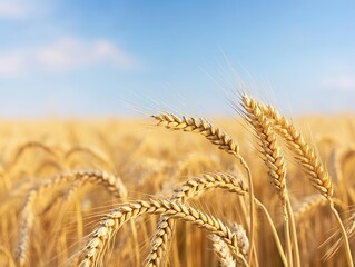 Golden wheat field under a blue sky, showcasing nature's beauty and agricultural abundance.