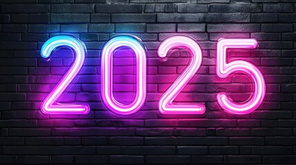 Glowing Neon 2025 New Year Sign on Brick Wall Background