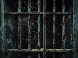 Canvas Print - Abandoned prison window with rusty bars and cobwebs in a dark atmosphere