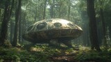 An alien spacecraft landing on Earth in a dense forest