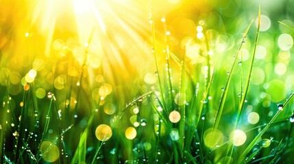 Grass. Fresh green spring grass with dew drops closeup. Sun. Soft Focus. Abstract Nature Background