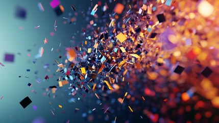 Poster - colorful abstract explosion of particles and fragments in a dynamic motion against a dark background