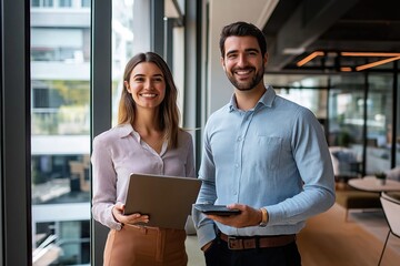 A man and a woman are standing in a room with a laptop and a tablet. They are smiling and seem to be happy