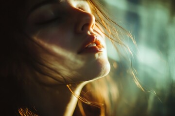 Poster - A close-up shot of a woman's face with her eyes closed, suitable for use in personal or commercial projects where a peaceful expression is needed