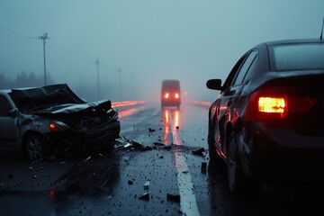 car accident on a foggy highway with two damaged vehicles, emergency lights in the distance, and a l