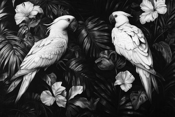 Poster - Two white parrots perched on top of a lush green plant, perfect for wildlife or nature-themed images