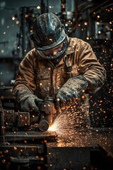 Fototapete - A person wearing a hard hat and protective gear grinds a piece of metal