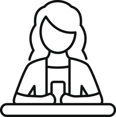 Poster - Line art icon of a female cashier holding a credit card behind a counter, potentially processing a payment