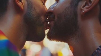 Wall Mural - Two men sharing a romantic moment in the open, surrounded by onlookers