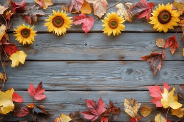 Poster - Sunflowers and autumn leaves arranged on a wooden surface, ideal for seasonal or nature-themed designs