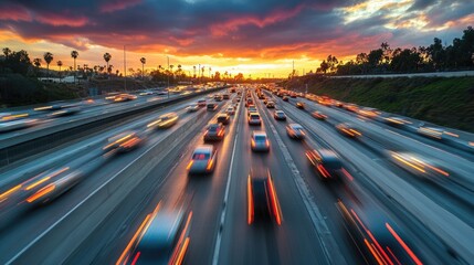 Aufkleber - Traffic congestion on a highway during sunset