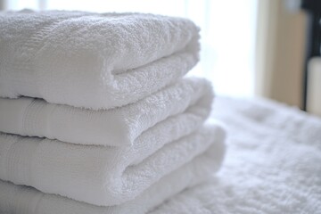 Poster - A stack of white towels sitting on a bed, ready for use