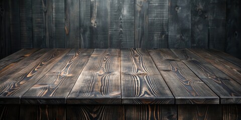 Poster - Rustic Wooden Tabletop with Weathered Planks Against a Background of Dark Wood Grain