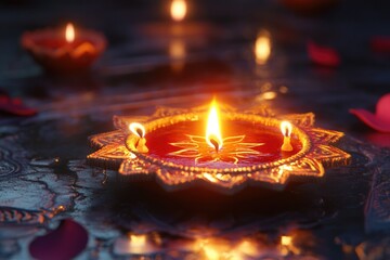 Canvas Print - A peaceful scene of a lit diya surrounded by flowers, perfect for a serene ambiance or as a symbol of love and warmth