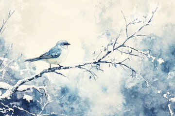 Poster - A watercolor painting of a bird perched on a tree branch, suitable for use in illustrations or design projects