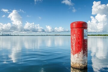 Poster - A buoy or marker floating on calm waters with a bright red color