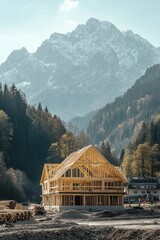 Poster - A modern house under construction with mountains in the background, ideal for use in architecture, real estate or travel photos