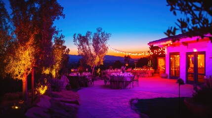 Sticker - A vibrant outdoor party scene featuring colorful lighting that accentuates the beauty of the landscape under the night sky