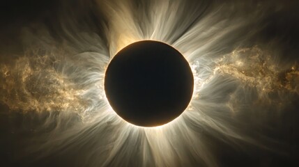 An eclipse, the moon passing in front of the sun with a glowing corona