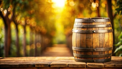 Poster - Wooden Barrel on a Table in a Sunny Forest with Blurred Background