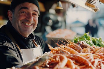 Poster - A person smiling while holding a tray of shrimp, possibly for serving or displaying