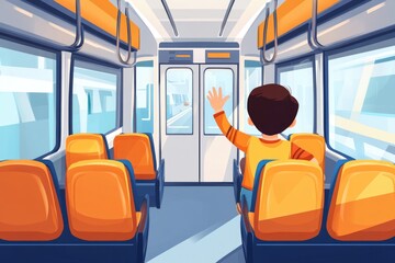 Poster - A person standing on a bus with bright orange seats, ready to exit