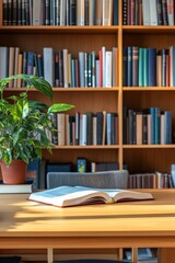 Poster - A book sits on top of a wooden table beside a small plant