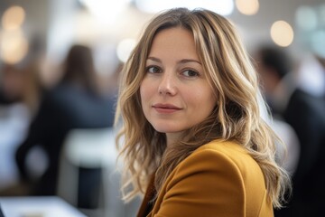 Poster - A woman sits at a desk with a laptop, focused on her work